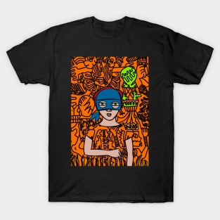 Discover the Unique 13 NFT: FemaleMask Character with Green Eyes, Light Skin, and Doodle Art T-Shirt